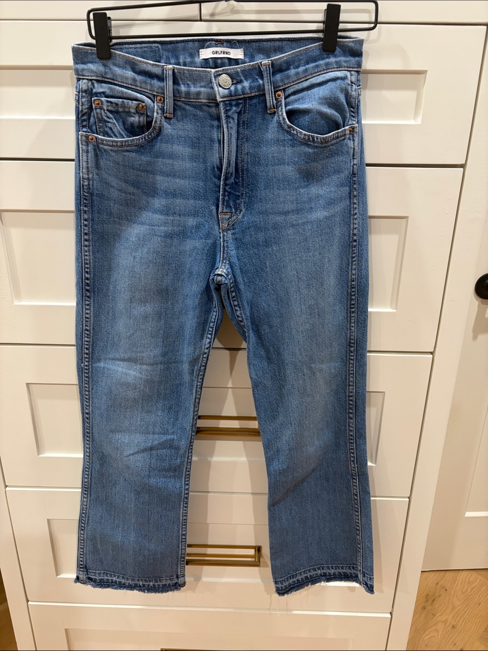 GRLFRND Medium Blue Straight-Leg Jeans with Raw Hem